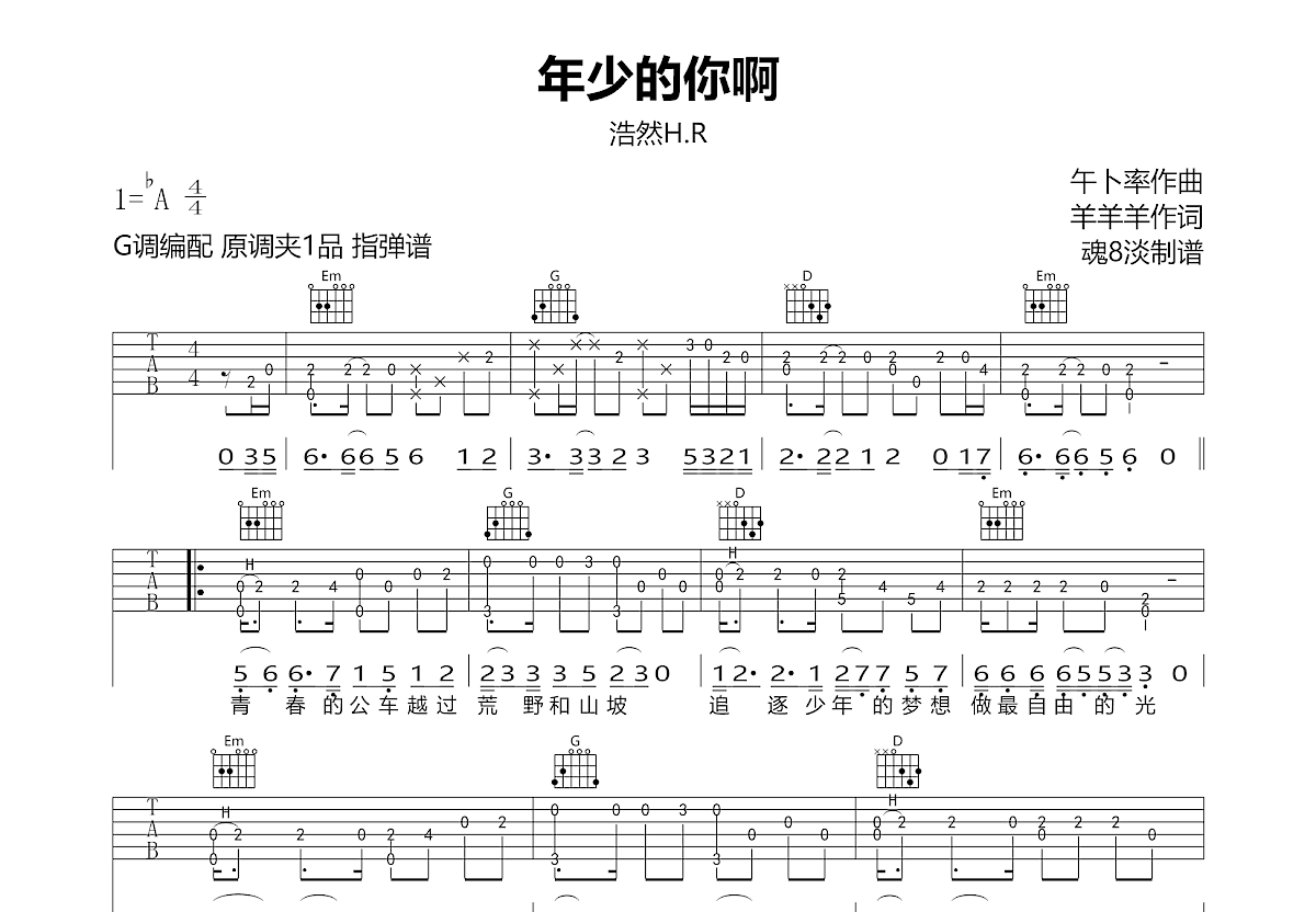 年少的你啊吉他谱预览图