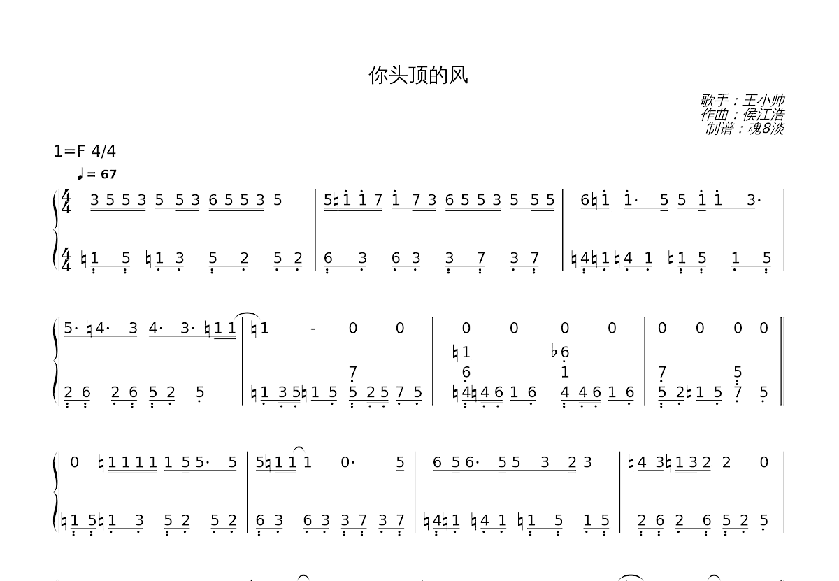 你头顶的风简谱预览图