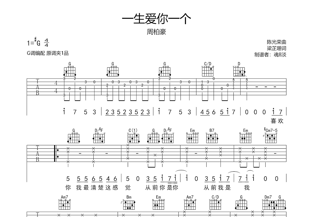 一生爱你一个吉他谱预览图