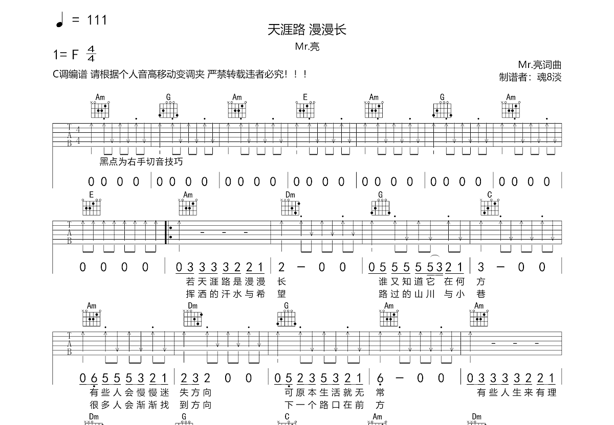 天涯路 漫漫长吉他谱预览图