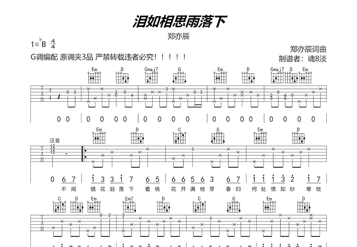 泪如相思雨落下吉他谱预览图