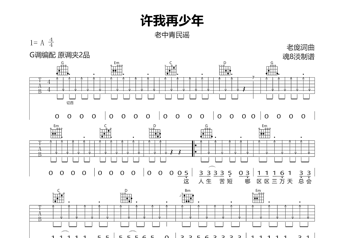 许我再少年吉他谱_老中青民谣_G调弹唱