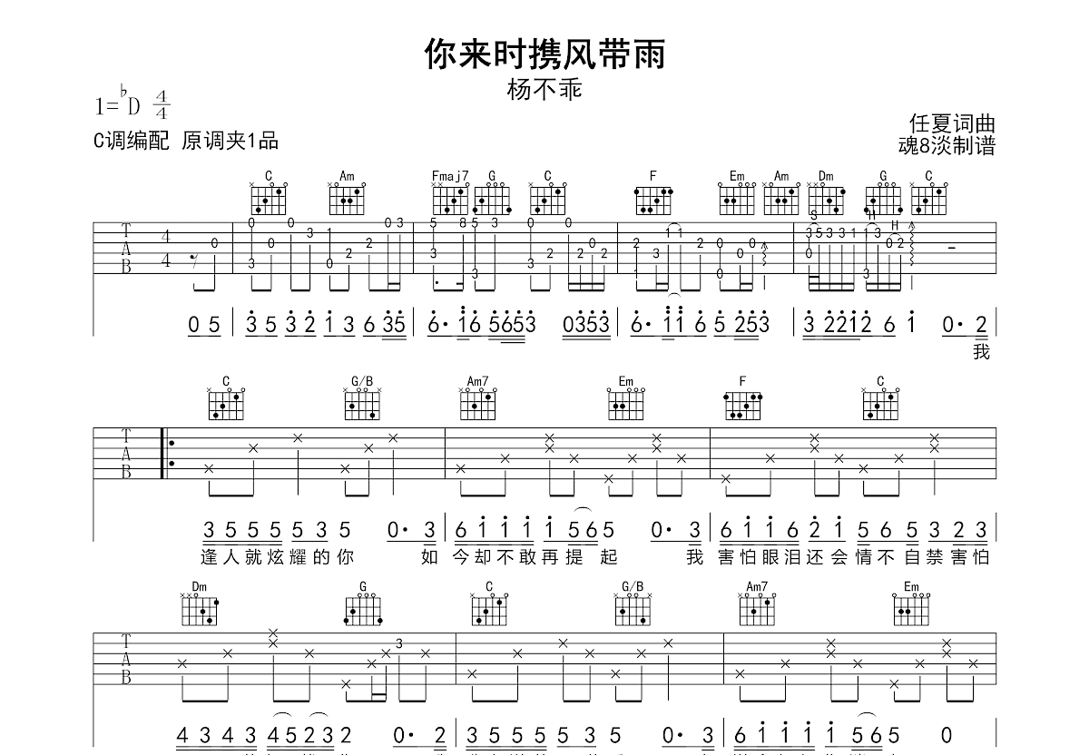 你来时携风带雨吉他谱_杨不乖_C调弹唱