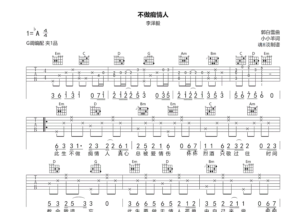 不做痴情人吉他谱预览图