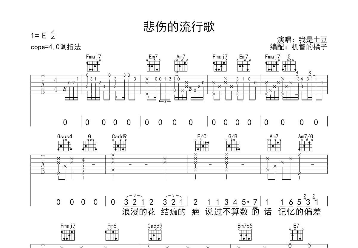 悲伤的流行歌吉他谱预览图