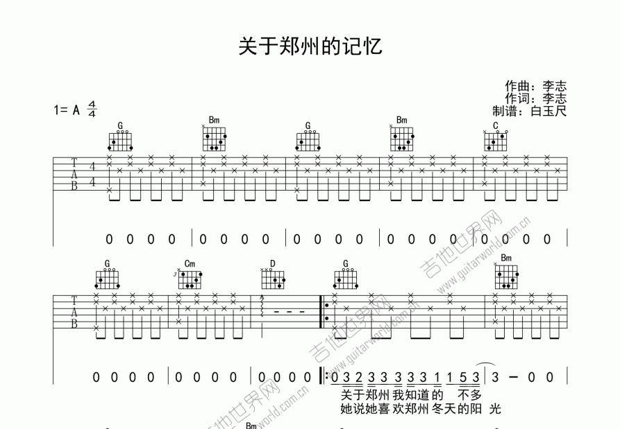 关于郑州的记忆吉他谱预览图