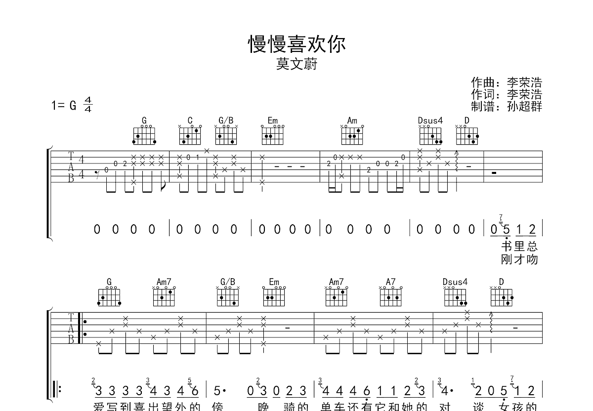 慢慢喜欢你吉他谱预览图