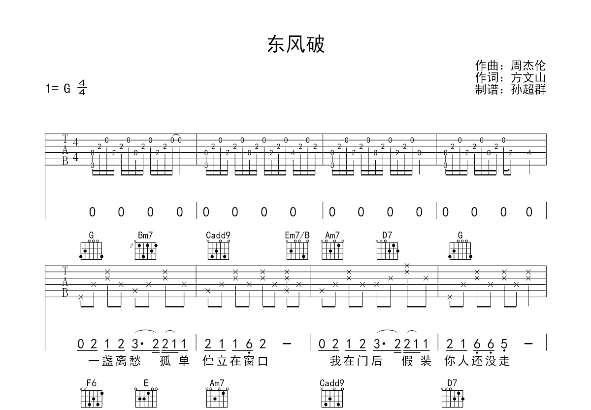 东风破吉他谱预览图