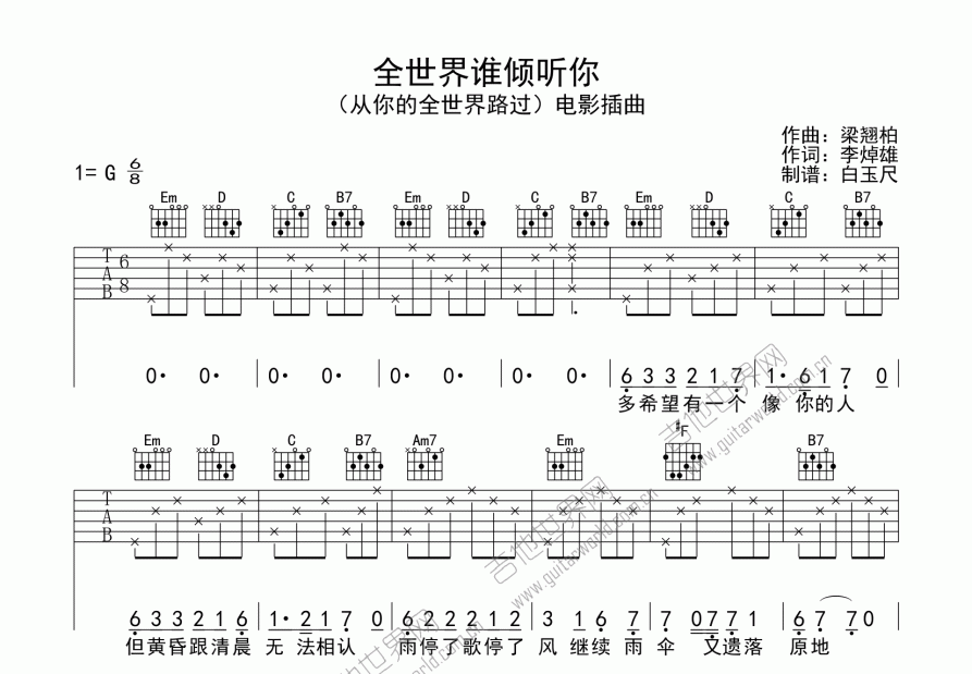 全世界谁倾听你吉他谱预览图