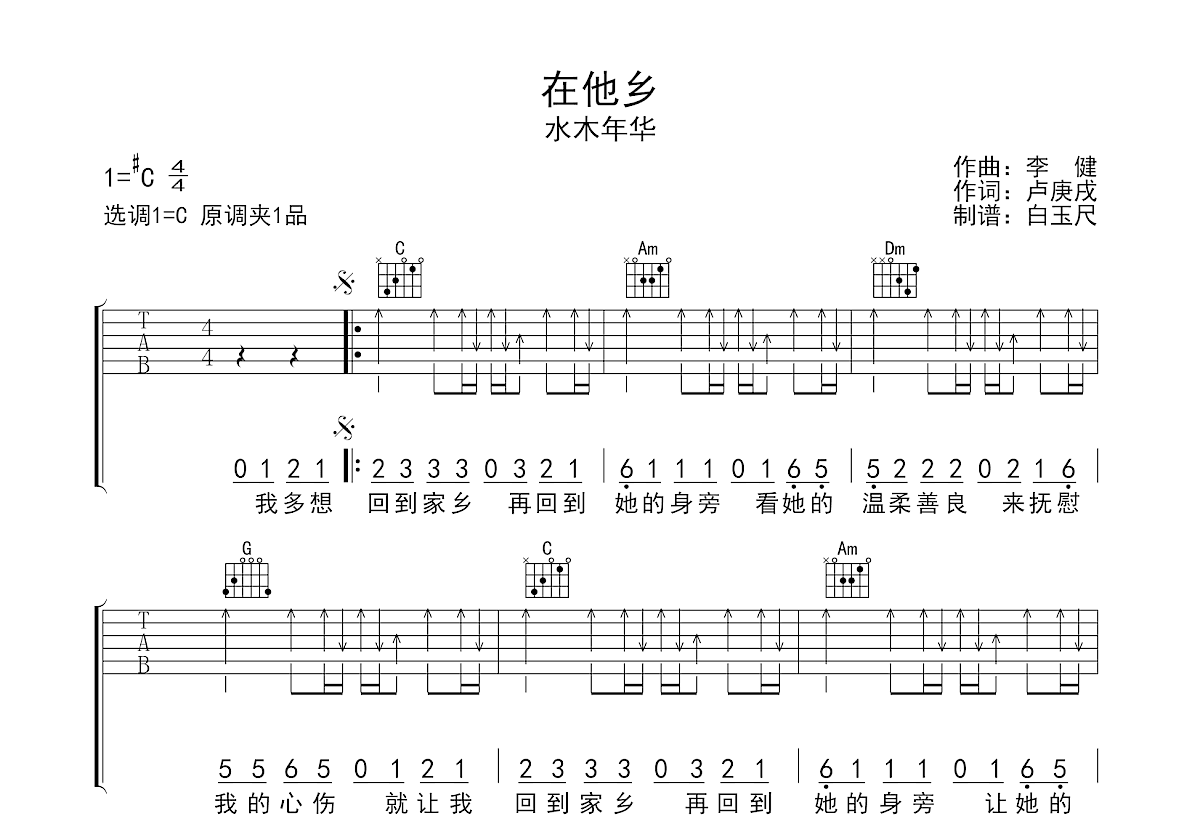 在他乡吉他谱预览图