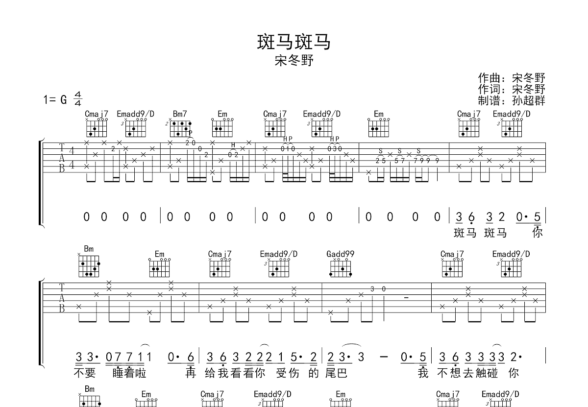 斑马斑马吉他谱_宋冬野_G调弹唱