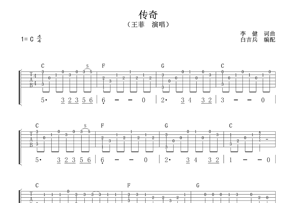 传奇吉他谱预览图