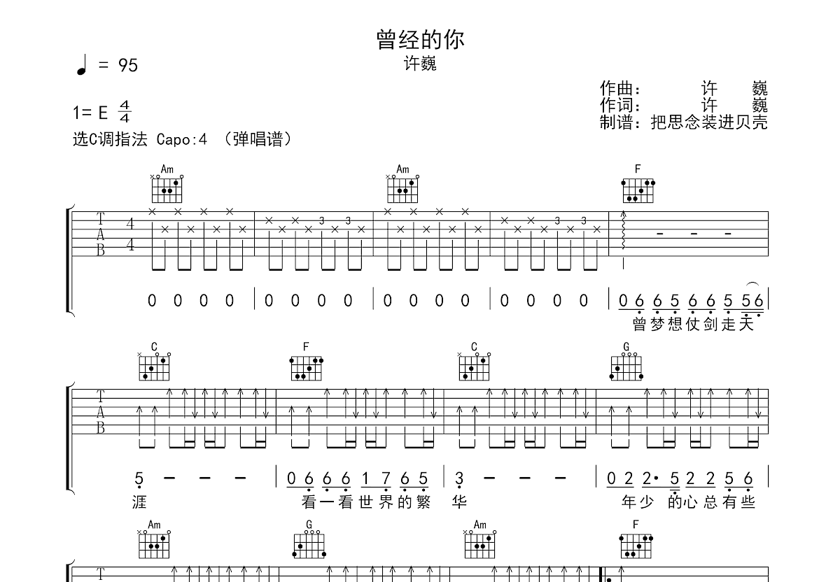 曾经的你吉他谱_许巍_C调弹唱