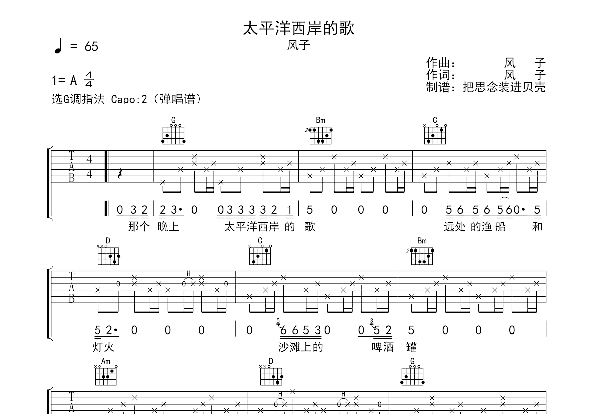 太平洋西岸的歌吉他谱预览图