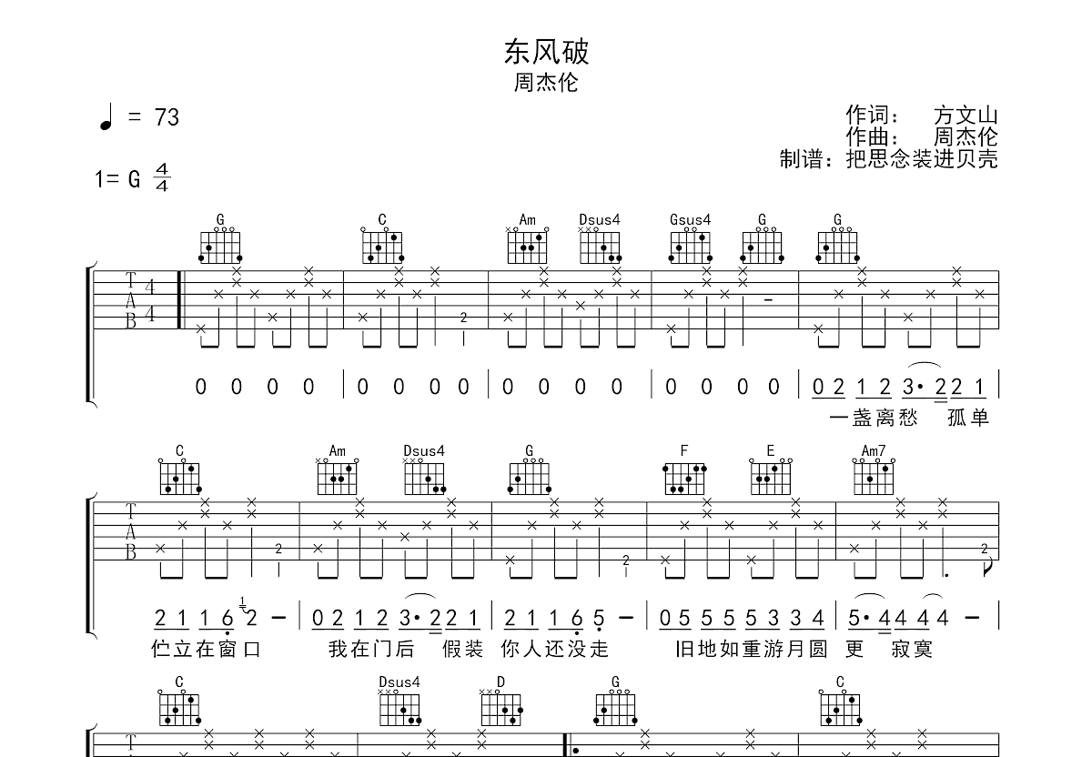 东风破吉他谱预览图