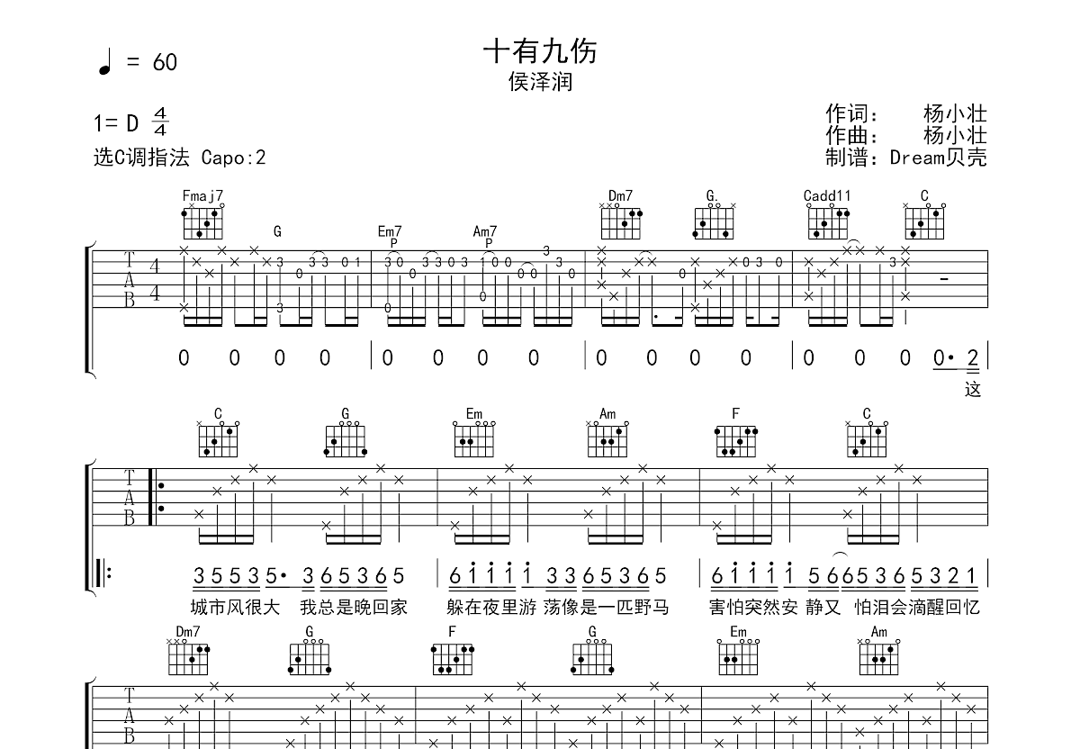十有九伤吉他谱预览图