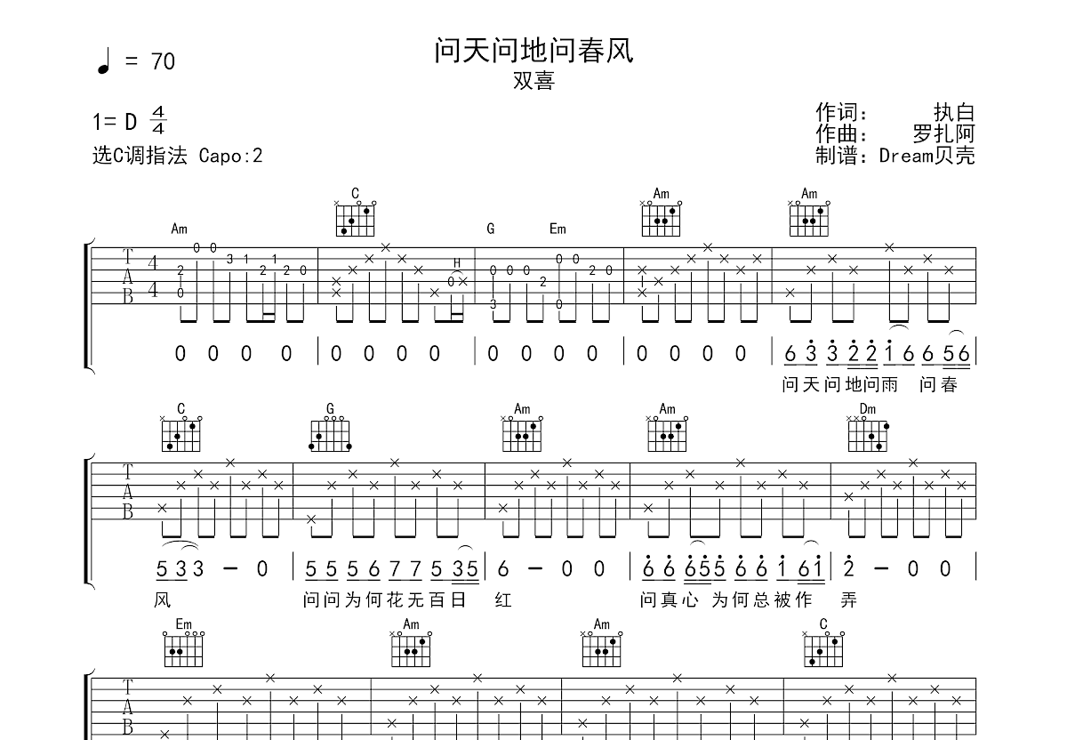 问天问地问春风吉他谱预览图