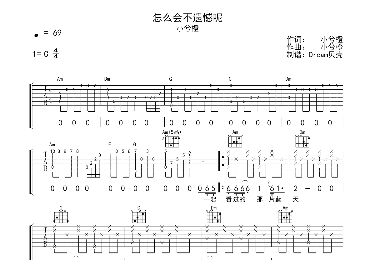 怎么会不遗憾呢吉他谱_小兮橙_C调弹唱