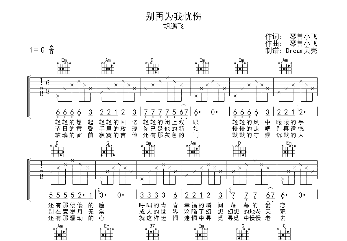 别再为我忧伤吉他谱_胡鹏飞_G调弹唱