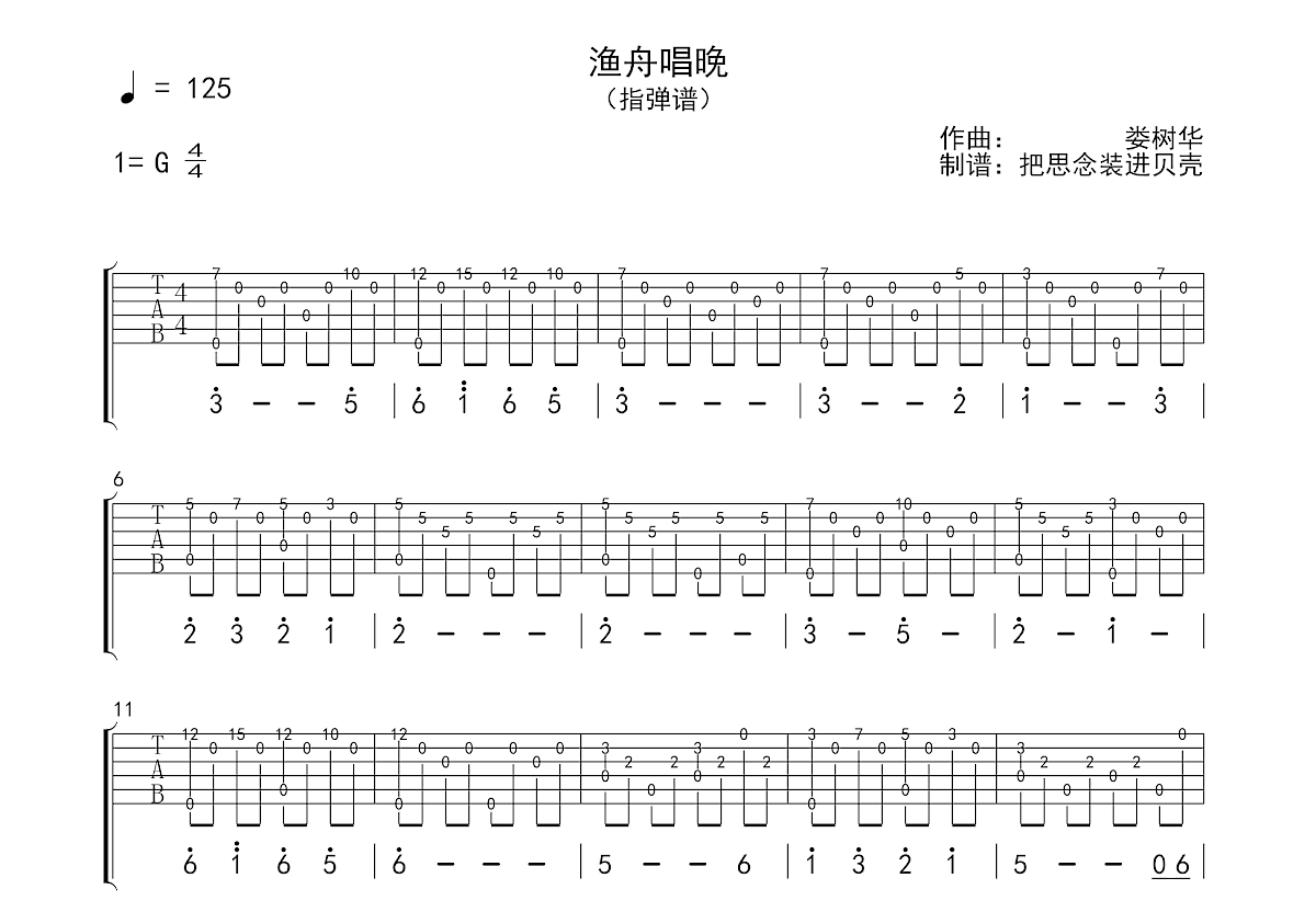 渔舟唱晚吉他谱预览图