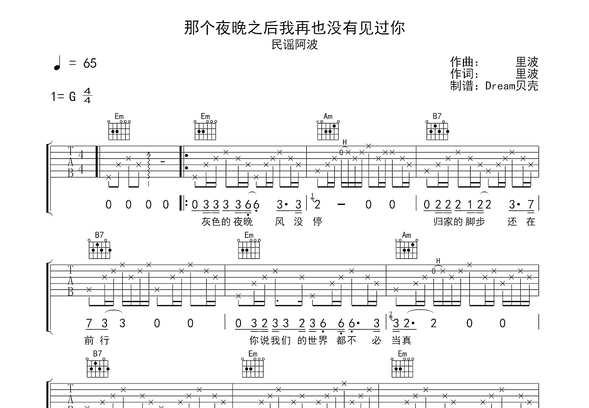 那个夜晚之后我再也没有见过你吉他谱_民谣阿波_G调弹唱