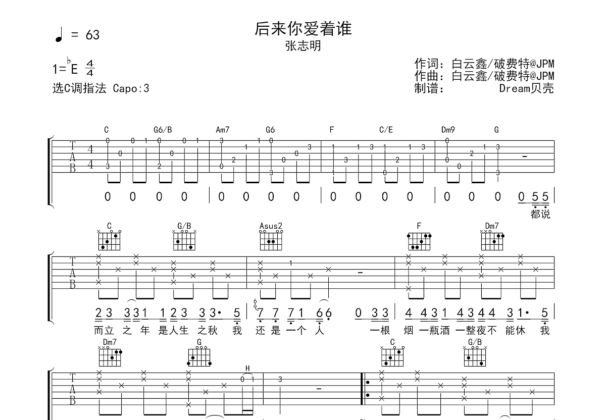 后来你爱着谁吉他谱预览图