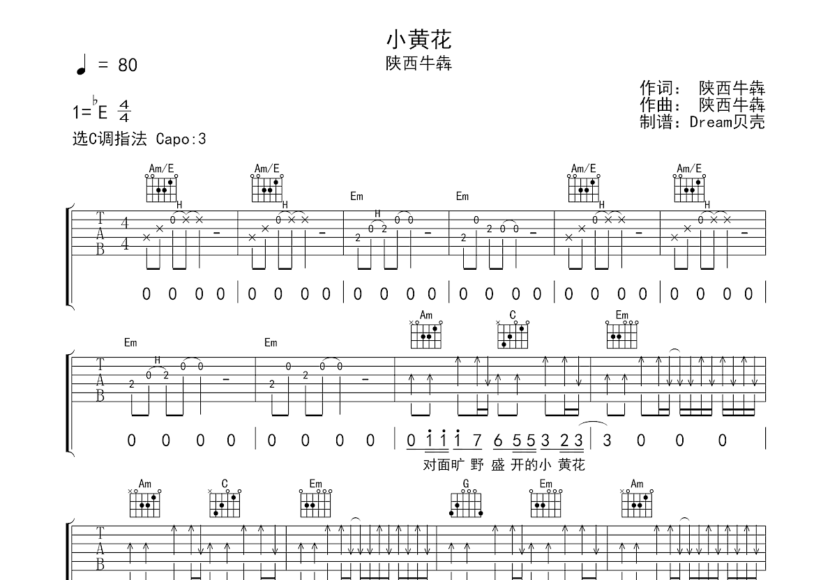 小黄花吉他谱_陕西牛犇_C调弹唱