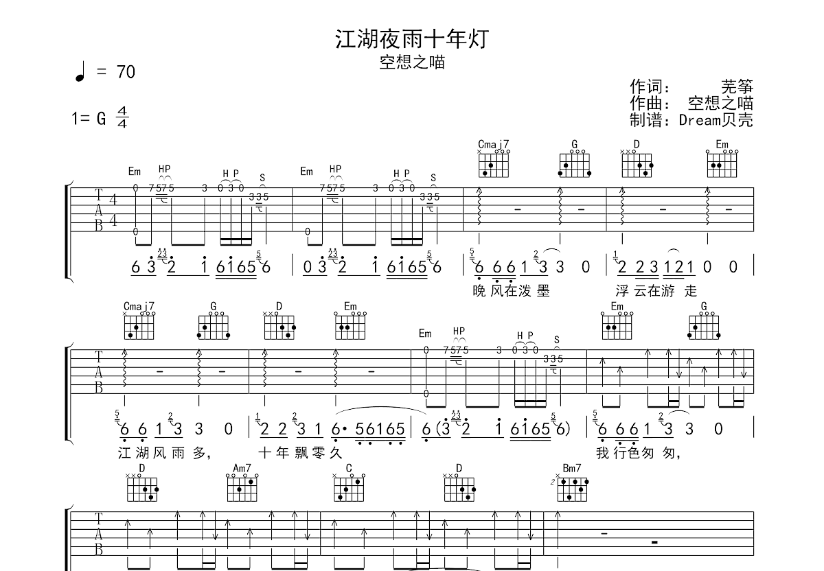 江湖夜雨十年灯吉他谱预览图