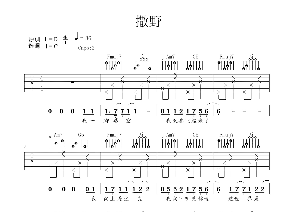 撒野吉他谱预览图