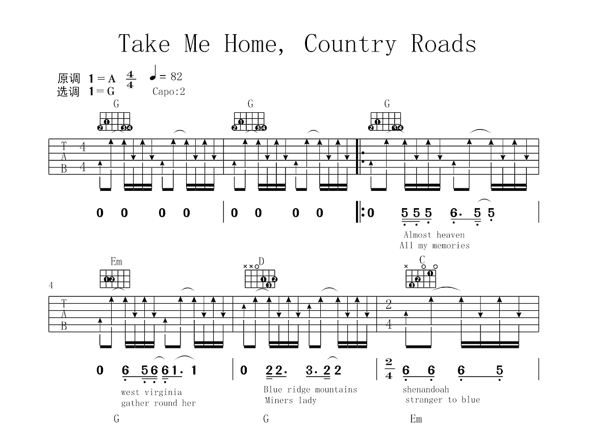 Take Me Home, Country Roads吉他谱预览图