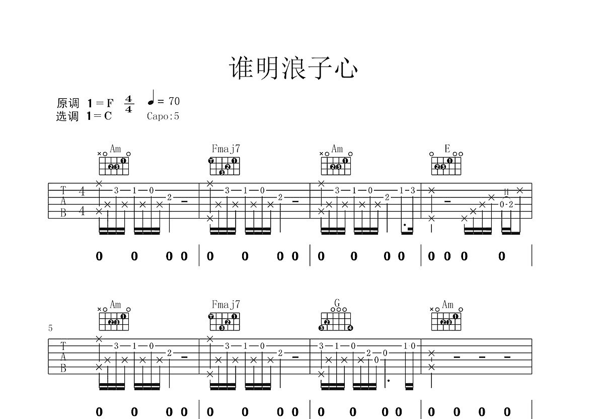 谁明浪子心吉他谱预览图