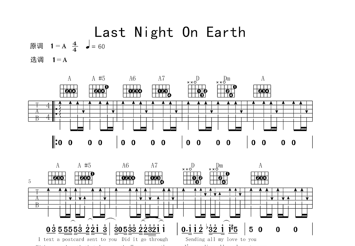 Last Night On Earth吉他谱预览图