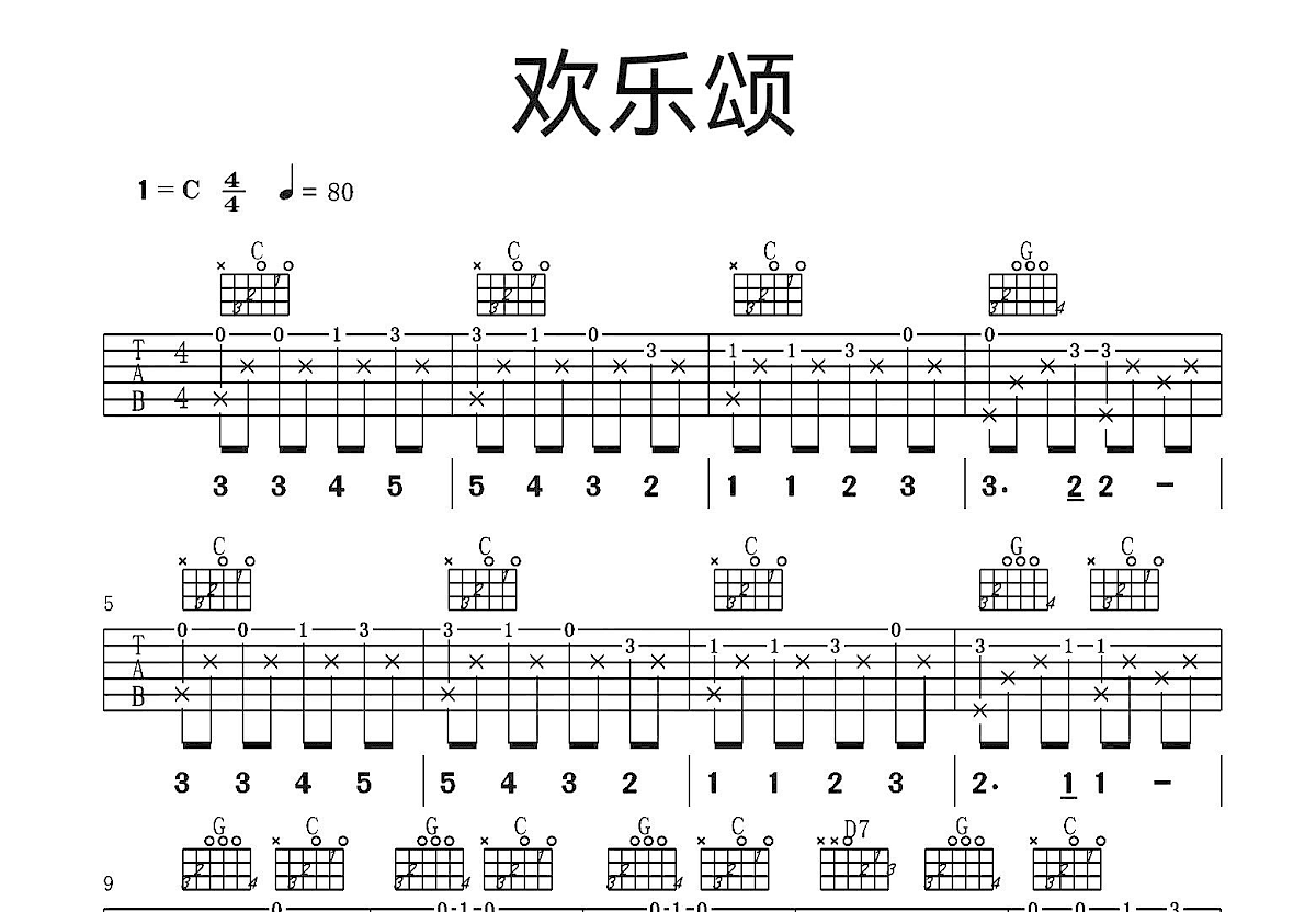 欢乐颂吉他谱_贝多芬_C调指弹
