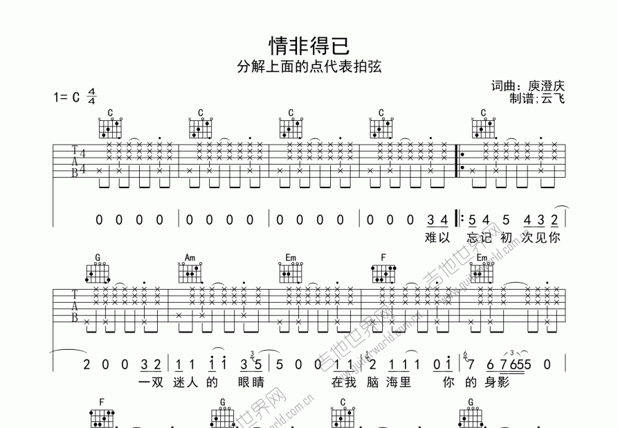 情非得已吉他谱预览图