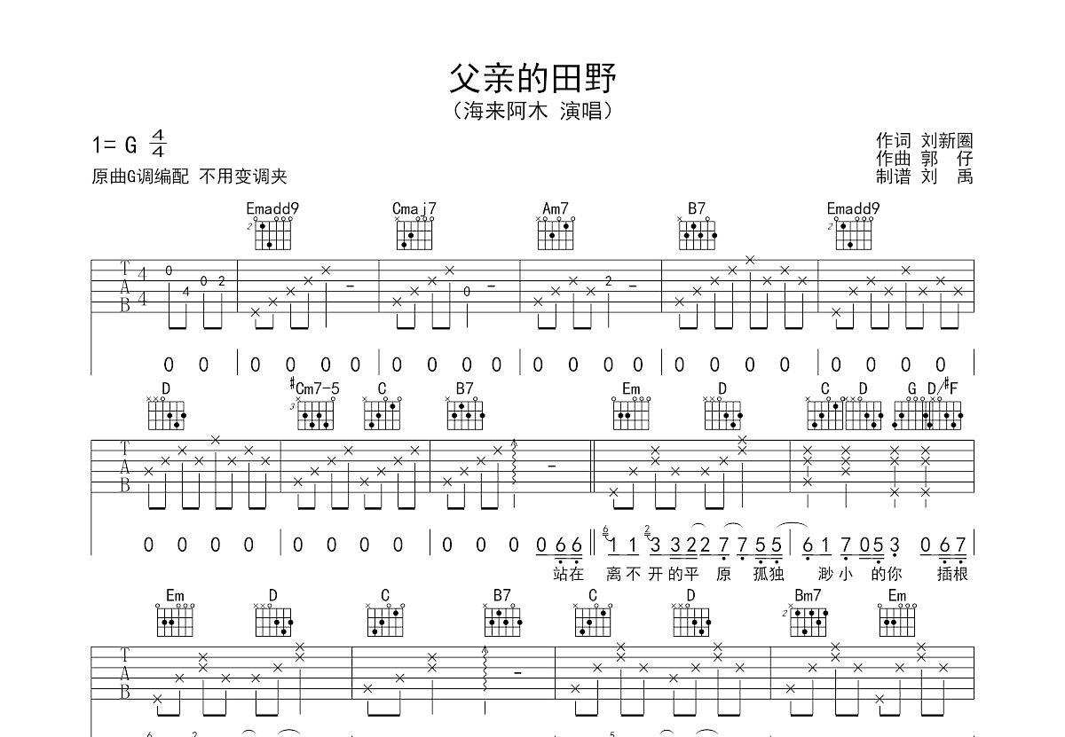 父亲的田野吉他谱预览图