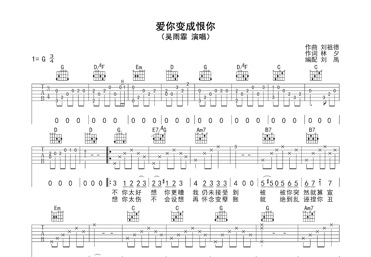 爱你变成恨你吉他谱预览图