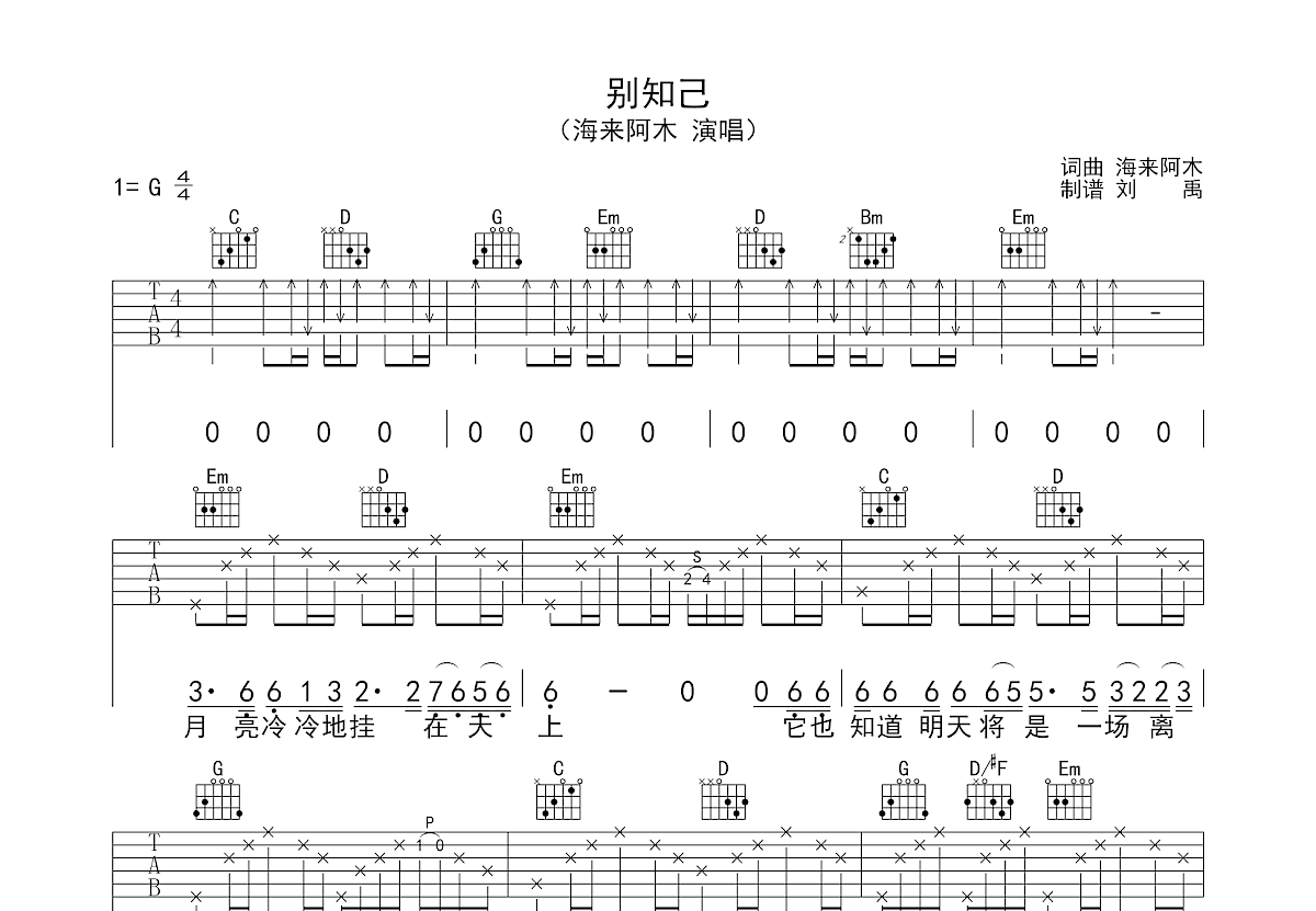 别知己吉他谱预览图