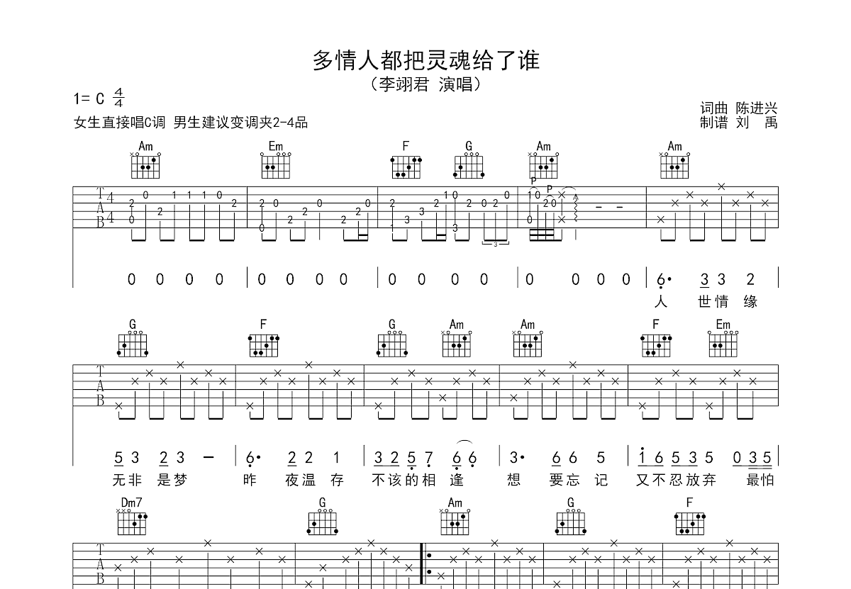 多情人都把灵魂给了谁吉他谱预览图