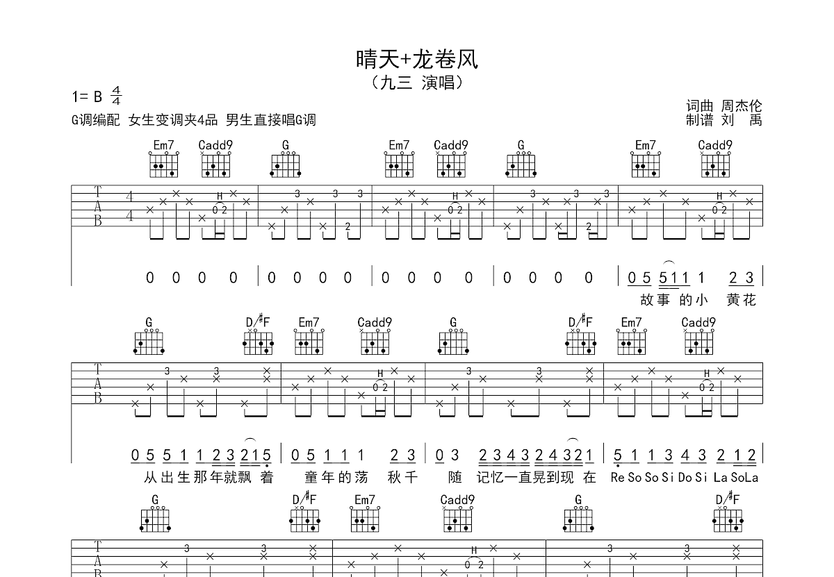 晴天+龙卷风吉他谱预览图