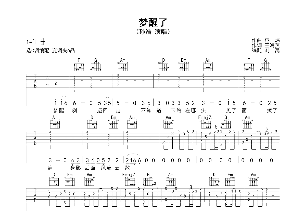 梦醒了吉他谱预览图
