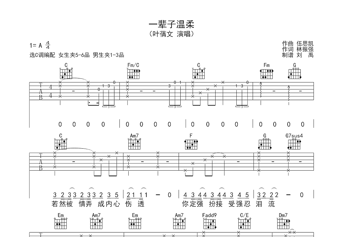 一辈子温柔吉他谱预览图