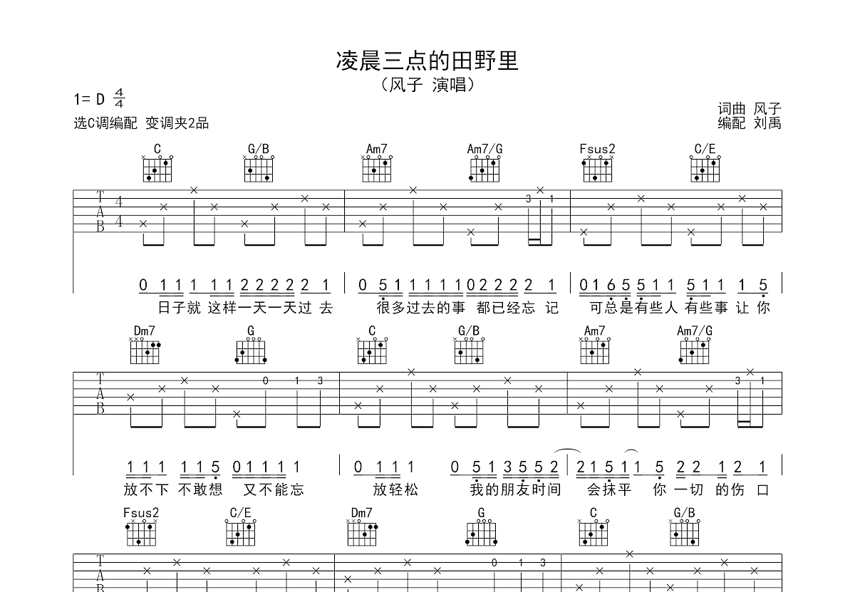 凌晨三点的田野里吉他谱预览图