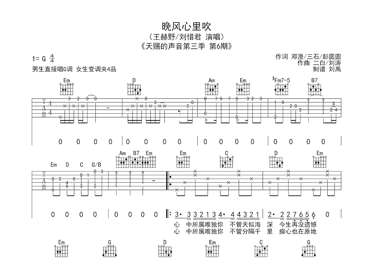 晚风心里吹吉他谱预览图