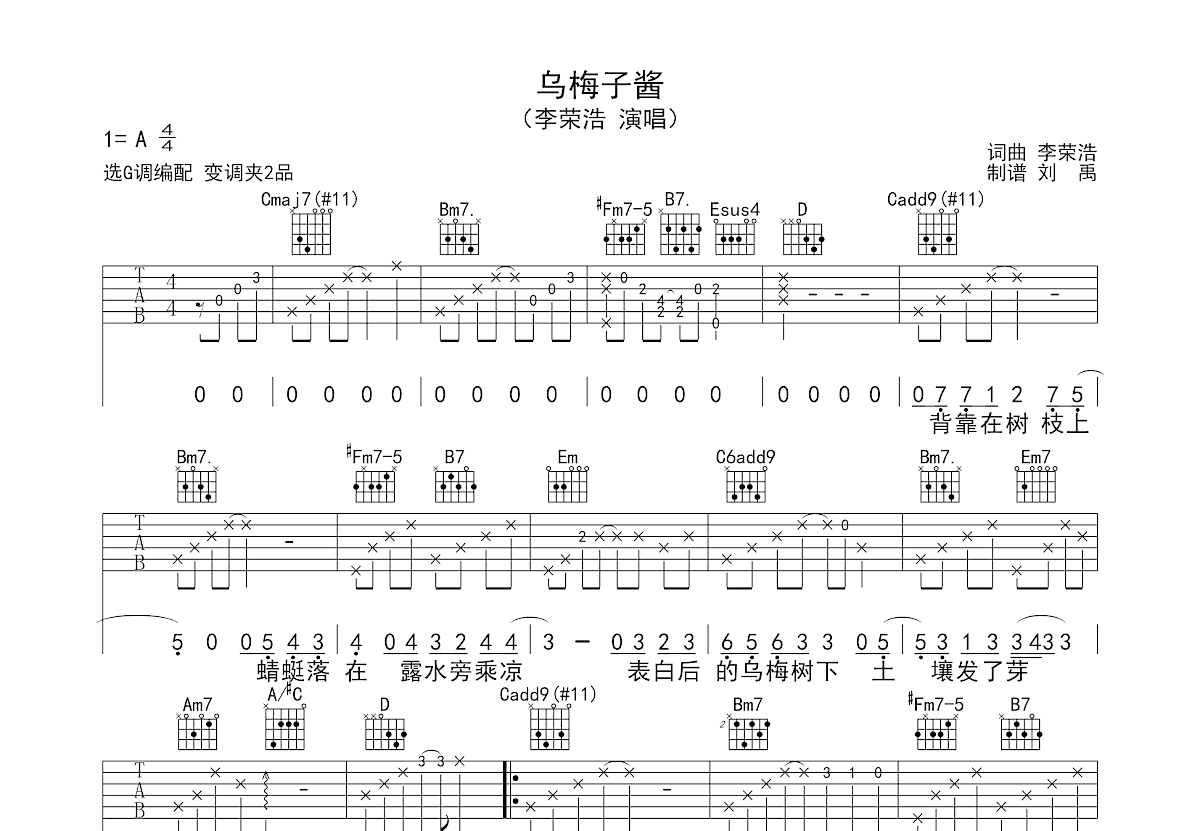 乌梅子酱吉他谱 李荣浩 G调弹唱77 单曲版 吉他世界