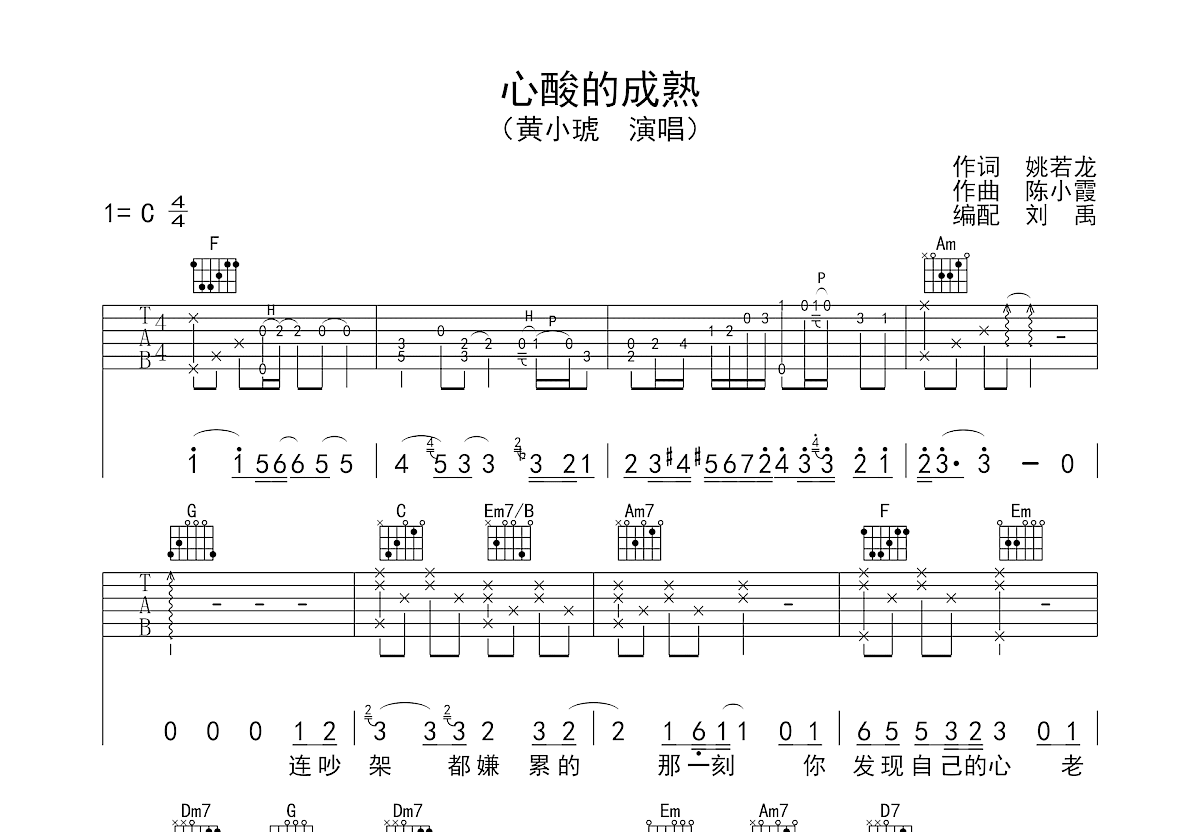 心酸的成熟吉他谱_黄小琥_C调弹唱