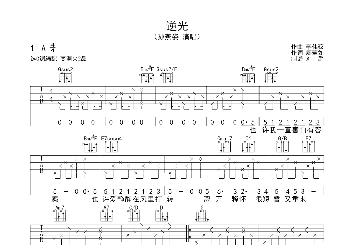 逆光吉他谱预览图