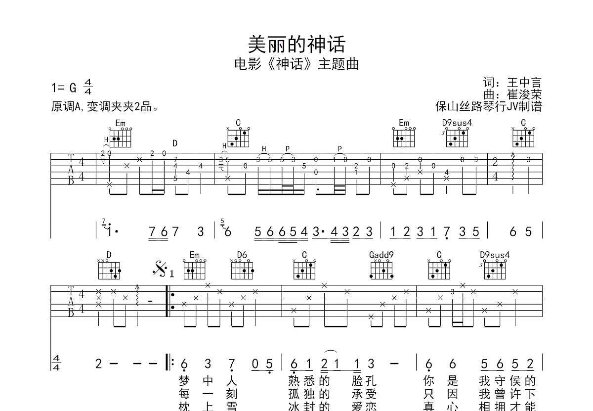 美丽的神话吉他谱预览图