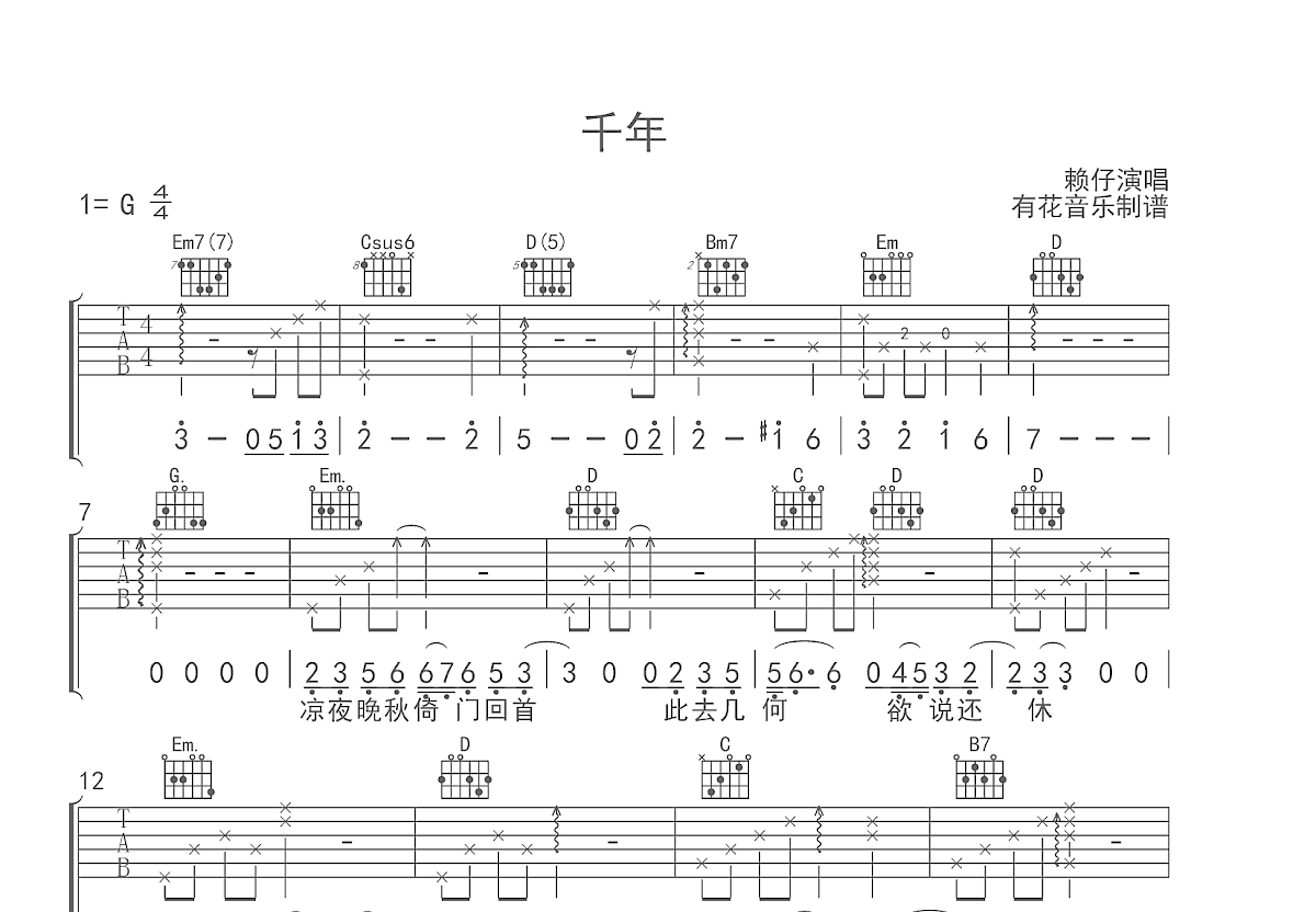 千年吉他谱预览图