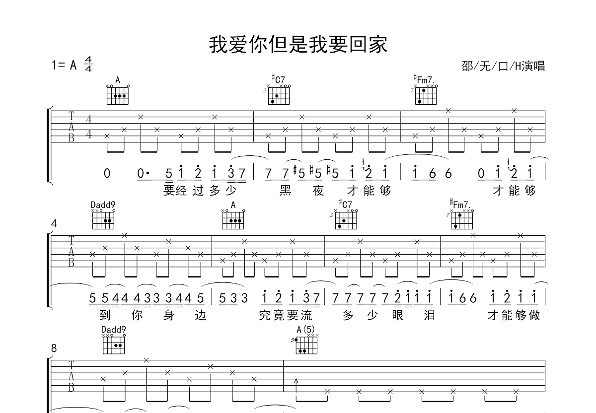 我爱你但是我要回家吉他谱预览图