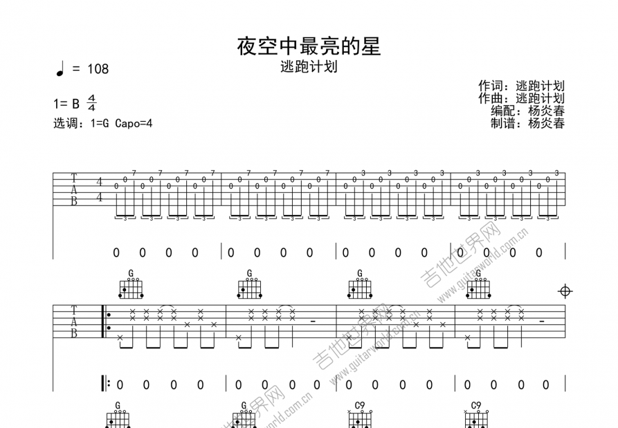 夜空中最亮的星吉他谱预览图
